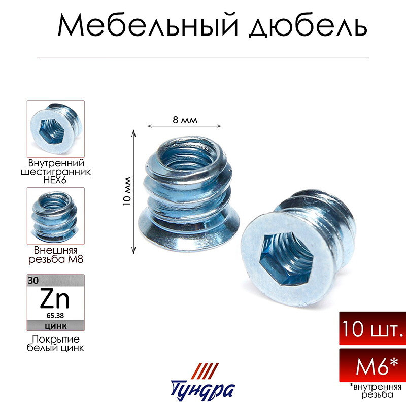 Дюбель "ТУНДРА krep", мебельный, металлический, резьба М6, 10 шт