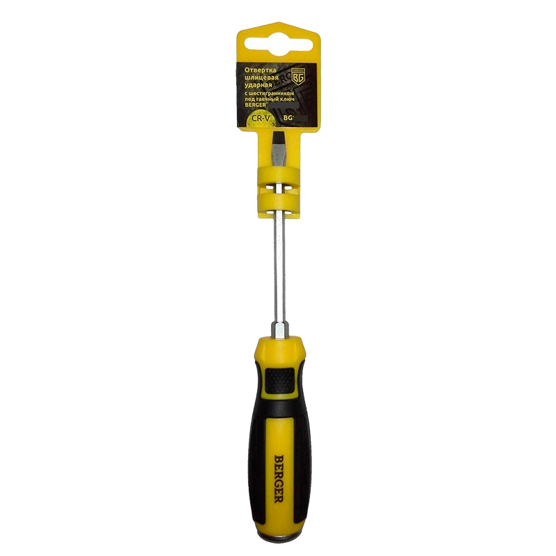 Отвёртка шлицевая BERGER, ударная с шестигранником под гаечный ключ SL5 x 100 мм