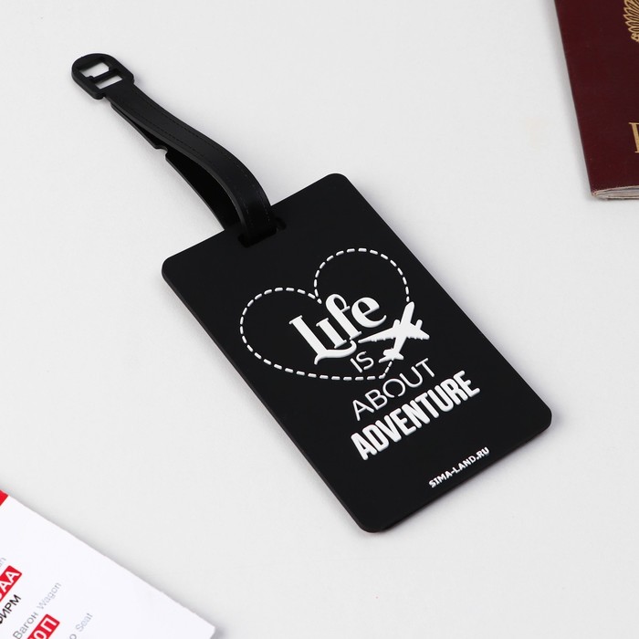 Бирка на чемодан резиновая "Life is about adventure", черная, 6.5 х 10.4 см